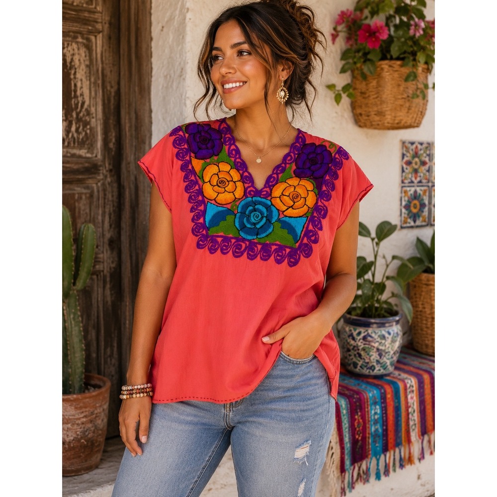 Vintage Mexican Hand Embroidered Floral Blouse Coral Pink Boho Huipil Top M